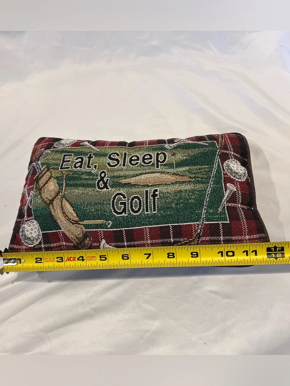 Vintage Eat Sleep & Golf Red Plaid Woven Tapestry Accent Pillow